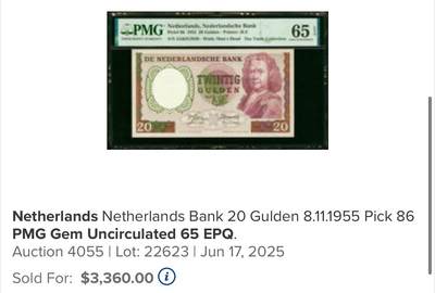 【Blue Auction】✨世界纸币精拍800期盛典——白金之夜🔥🔥🔥 N-【无47 名家旧藏 亚军分】荷兰 1955年20盾 经典毒蛇 PMG65EPQ 绝品少见 伦勃朗同套凑套必备 赫尔曼·布尔哈夫