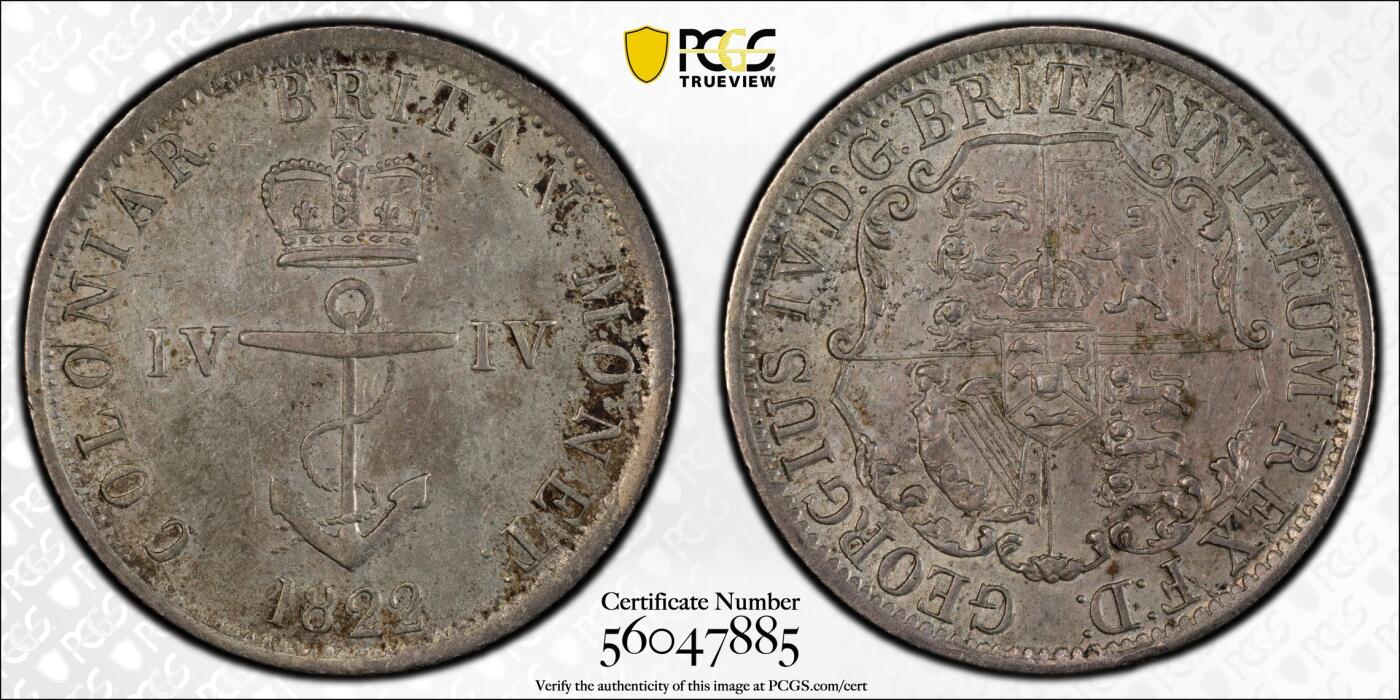 博洋堂“芳菲春韵”3月精品大拍专场暨第166期（全场包邮） PCGS AU53 英属西印度1822年1/4元锚币，原味老包浆，名家旧藏