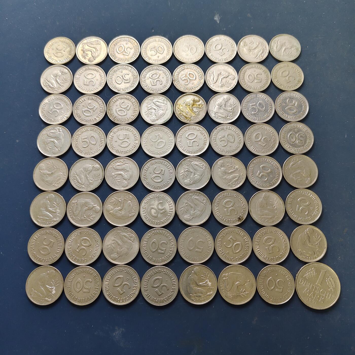 【全场包邮】纯粹捡漏拍515场 【批量】德国联邦德国各年份50芬尼63枚+1马克1枚共64枚一组