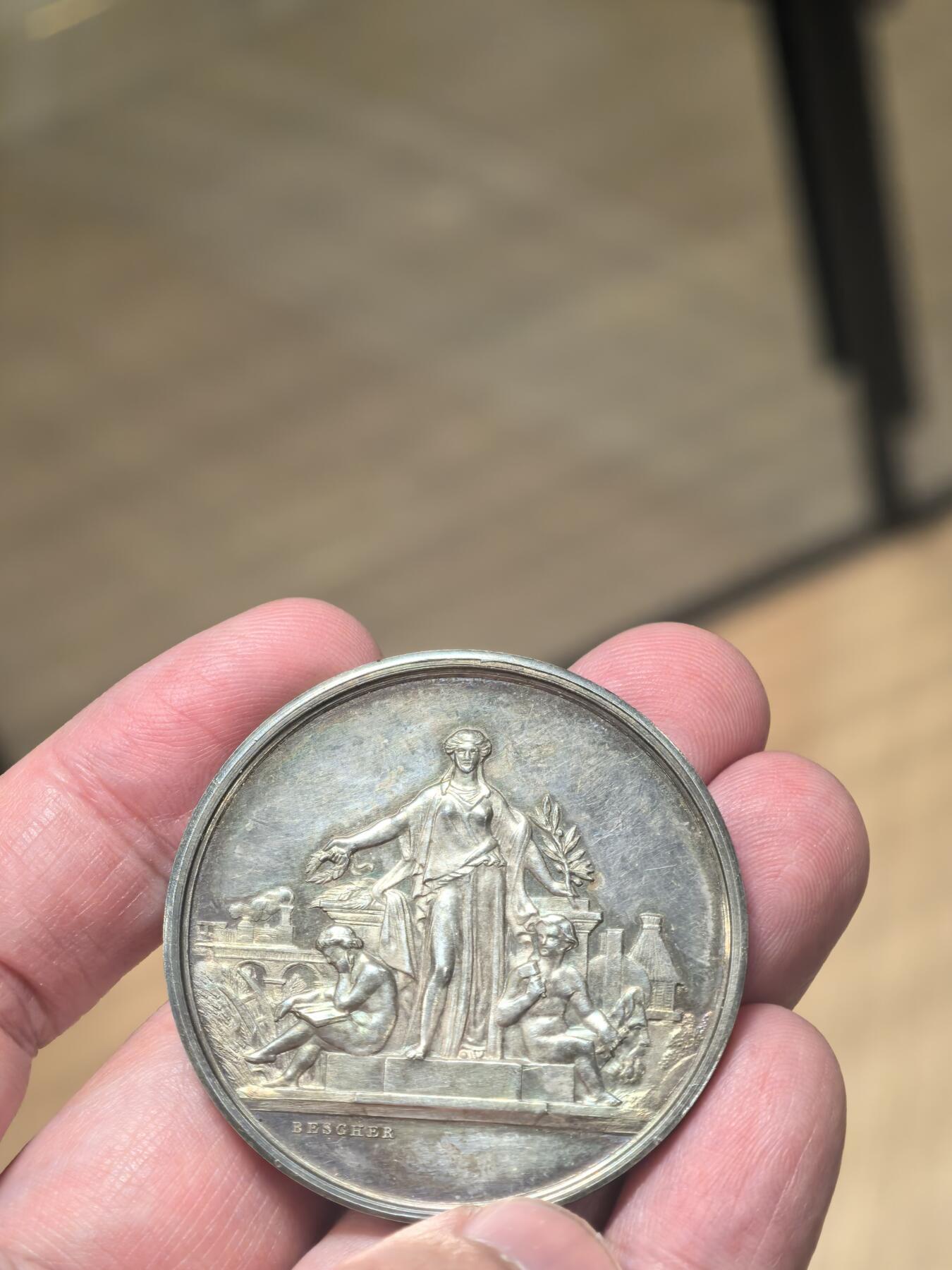 欧洲银章铜章 带原装原盒的1885年巴约讷博览会银质奖章纯银银章50克