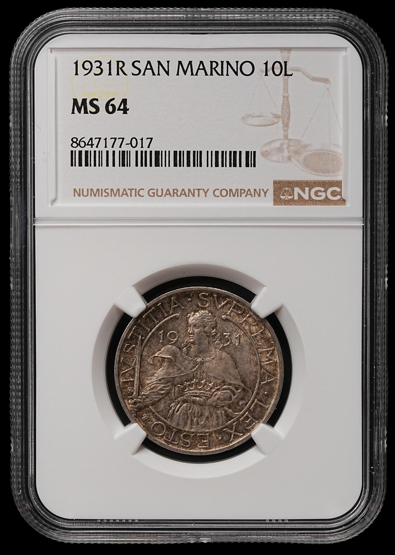 修遠堂世界钱币第109期 NGC MS64 1931年圣马力诺10里拉银币，纸袋包浆