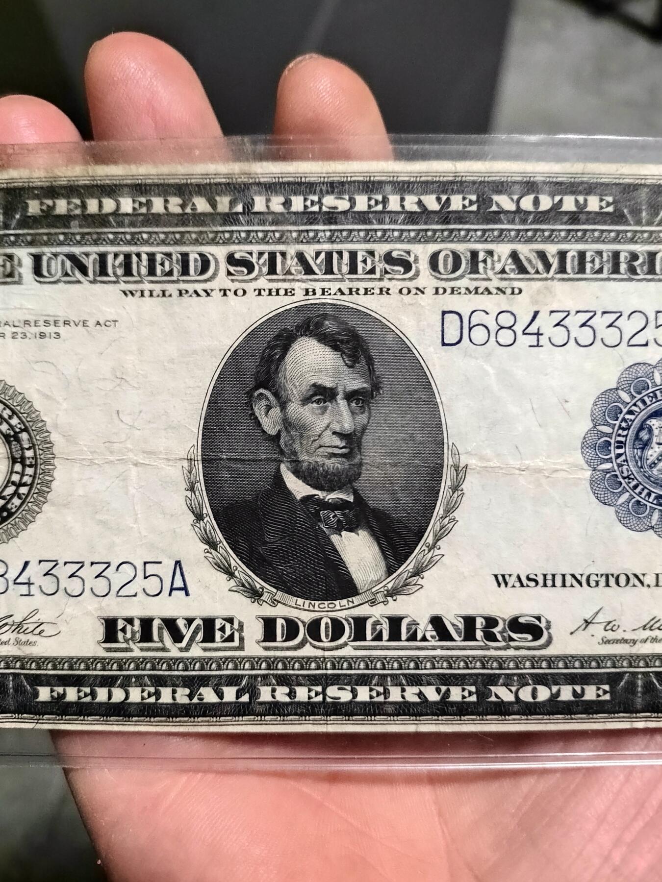 1914年5美元，早期美联储券，大尺寸版，品相如图