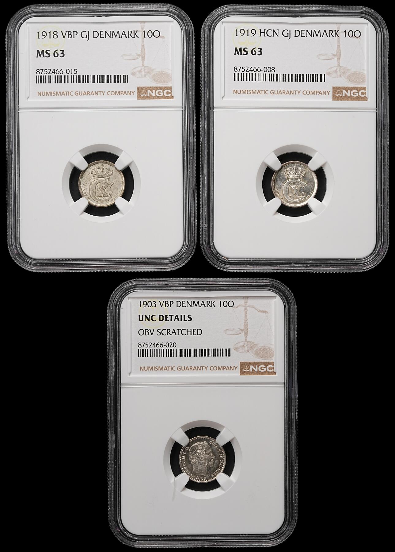 修遠堂世界钱币第109期 NGC评级 丹麦10欧尔银币3枚