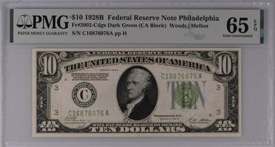 【礼羽收藏】🌏世界钱币拍卖第130期 - 1928B版 10美 号码无4 深绿色Dark 稀少分区费城 PMG65E