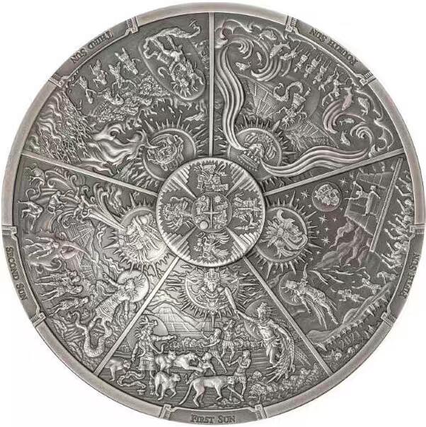 【币将精彩】世界钱币拍卖（2026-4-1） 帕劳2021年阿兹特克五个太阳仿古大银币，3盎司，发行333枚，带证书包装。