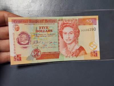 3月25号晚上8点 外国纸币自动截拍第45场 - 美洲伯利兹5元伊丽莎白二世 中年女王版 2005年 全新UNC