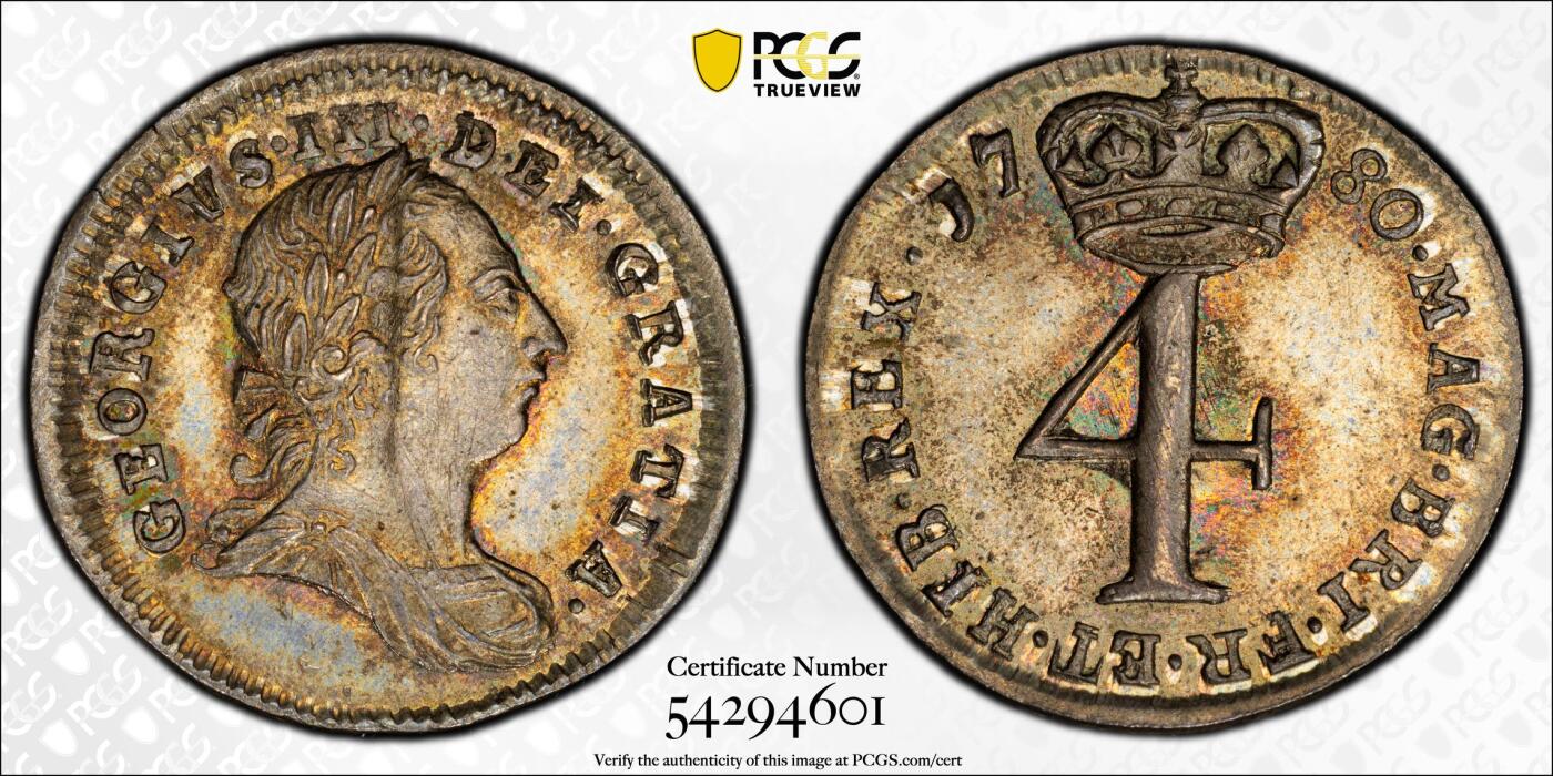 博洋堂“芳菲春韵”3月精品大拍专场暨第166期（全场包邮） PCGS AU50-MS63 英国1780年乔治三世濯足节4枚银币全套，乔三濯足高分难得一见，4枚包浆状态出众，其中4便士更是冠军分！