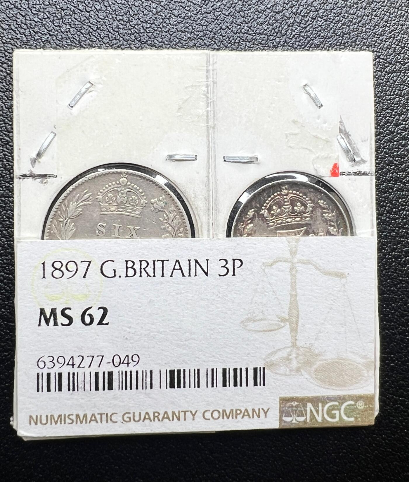 1897 年英国维多利亚 3 便士银币 NGC MS62 评级币 西洋古董老银元 3P 套装