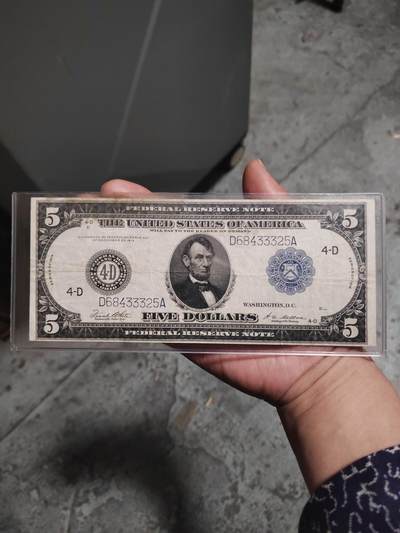 1914年5美元，早期美联储券，大尺寸版，品相如图 - 1914年5美元，早期美联储券，大尺寸版，品相如图