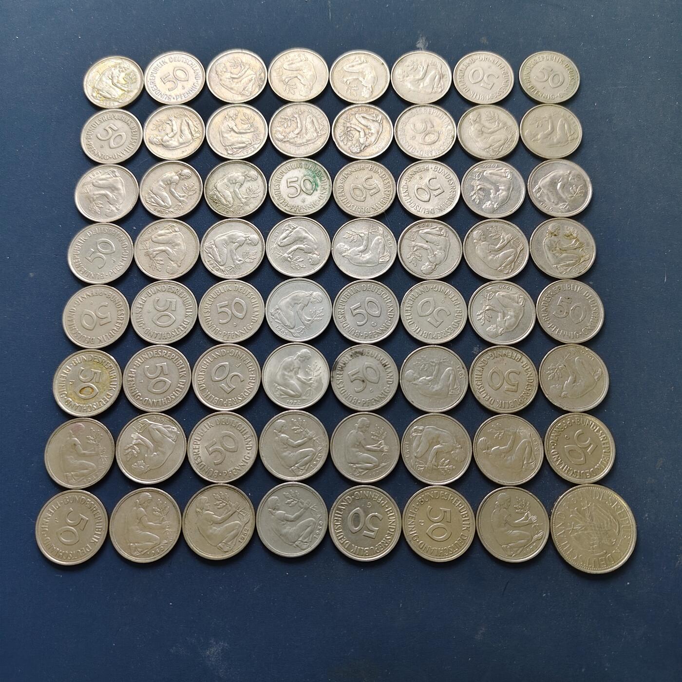 【全场包邮】纯粹捡漏拍515场 【批量】德国联邦德国各年份50芬尼63枚+1马克1枚共64枚一组