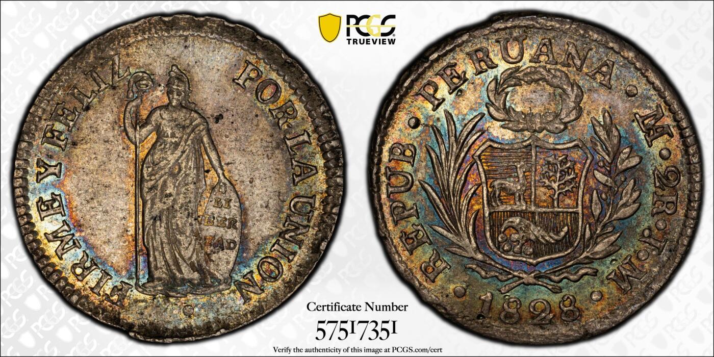 博洋堂“芳菲春韵”3月精品大拍专场暨第166期（全场包邮） PCGS MS61 秘鲁1828年L JM站人2R银币，少见面值，极美五彩包浆，仅有1枚更高分