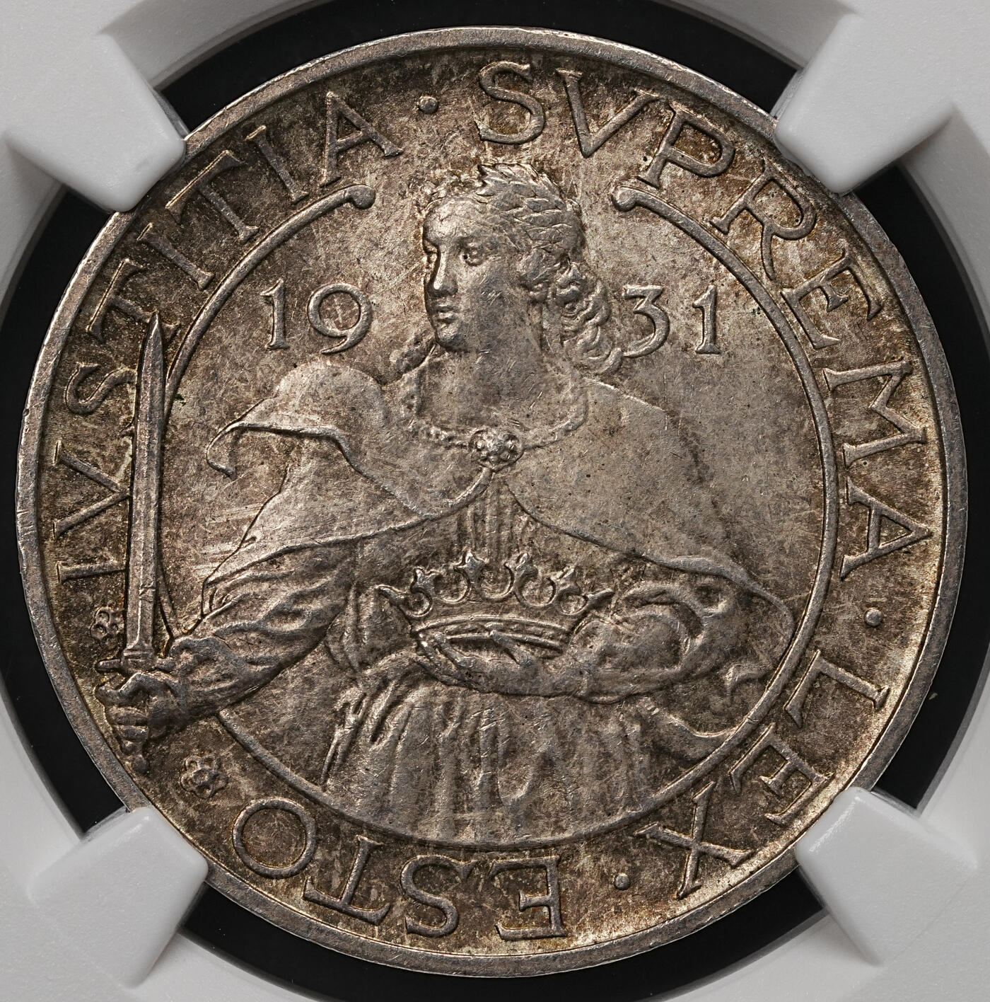 修遠堂世界钱币第109期 NGC MS64 1931年圣马力诺10里拉银币，纸袋包浆