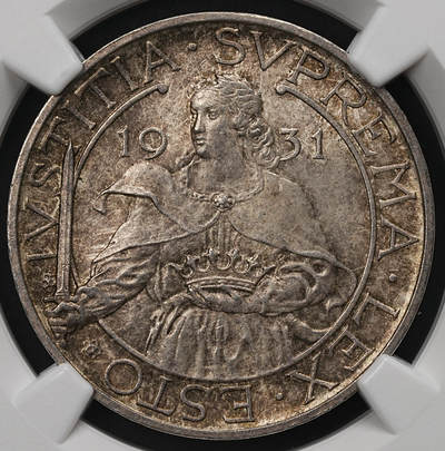 修遠堂世界钱币第109期 - NGC MS64 1931年圣马力诺10里拉银币，纸袋包浆