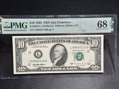 《外钞收藏家》第六百二十期（畅拍场）（长期征集拍品、欢迎藏友们联系合作） - 1995年美国小头版10元 PMG68高分 无47