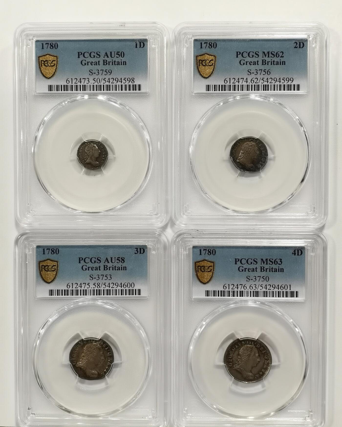 博洋堂“芳菲春韵”3月精品大拍专场暨第166期（全场包邮） PCGS AU50-MS63 英国1780年乔治三世濯足节4枚银币全套，乔三濯足高分难得一见，4枚包浆状态出众，其中4便士更是冠军分！
