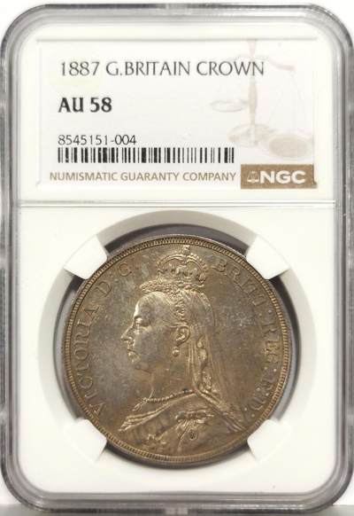 博洋堂“芳菲春韵”3月精品大拍专场暨第166期（全场包邮） - NGC AU58 英国1887年维多利亚女王高冠马剑1克朗银币，原汁原味老包浆，包浆醇厚浓郁，细节清晰，味道绝，人物，头像，图案栩栩如生，极美黄油彩包浆，味道币味道足，状态和品质绝对不输MS级。