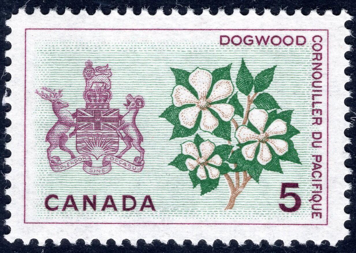 洪涛臻品批发群 精选邮票限时拍卖第1294期  加拿大1966年 山茱萸与英属哥伦比亚省徽章 新票, 精美雕刻版, 原胶完美润亮 相当难得的品相, 漂亮