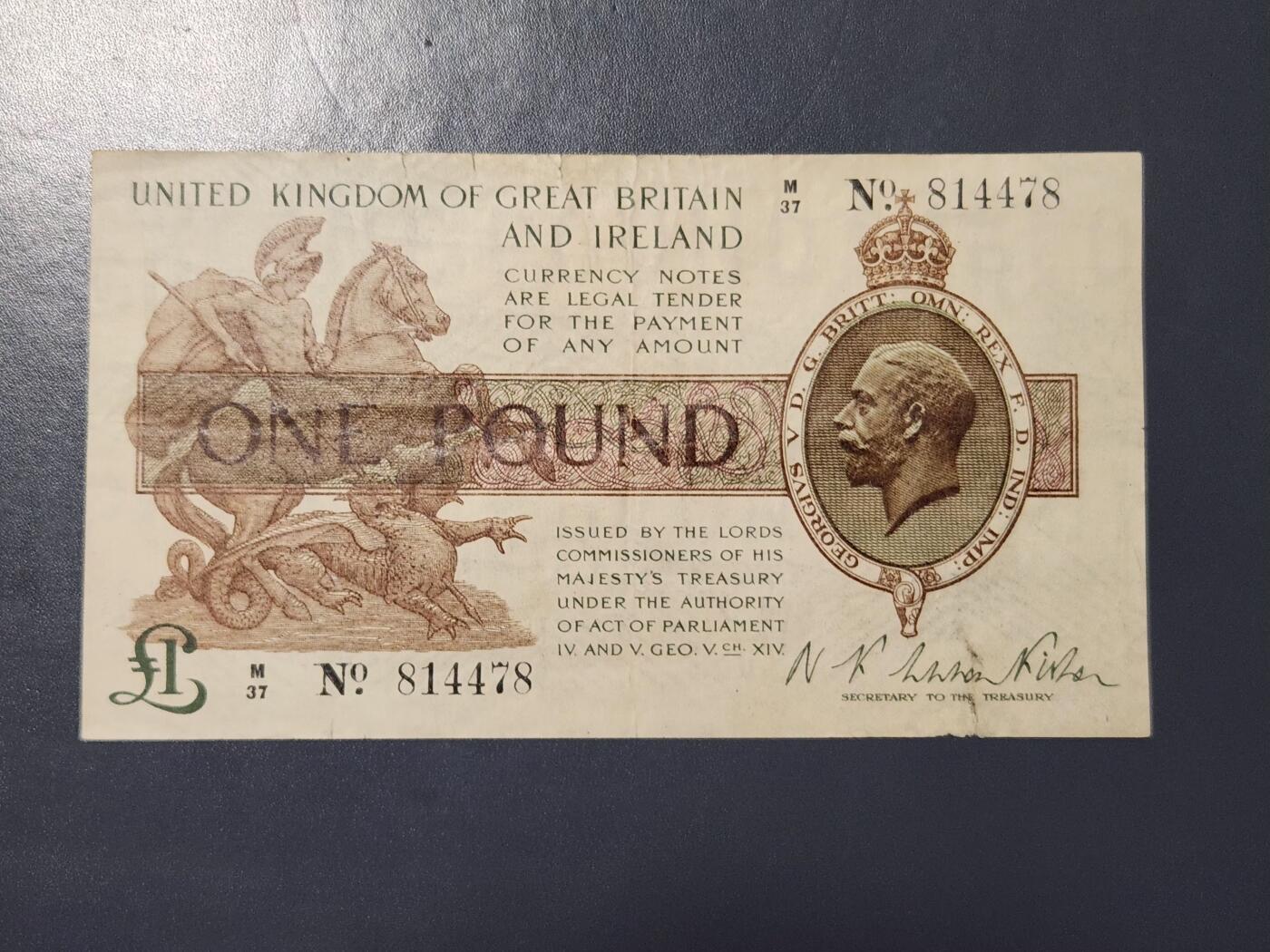 3月25号晚上8点 外国纸币自动截拍第45场 英格兰珍稀纸币 马剑1镑 英国1919年1镑