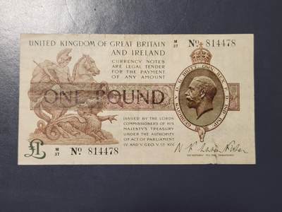 3月25号晚上8点 外国纸币自动截拍第45场 - 英格兰珍稀纸币 马剑1镑 英国1919年1镑