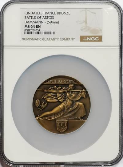 博洋堂“芳菲春韵”3月精品大拍专场暨第166期（全场包邮） - NGC MS64BN 法国阿拉斯战役纪念大铜章，59mm，背面是一个镂空窗框设计，框内雕刻了阿拉斯战役中几个关键地点的建筑或地标，这种“镂空框景”设计是达曼的标志性风格之一，通过框内场景引导观者回忆历史事件，极具纪念意义