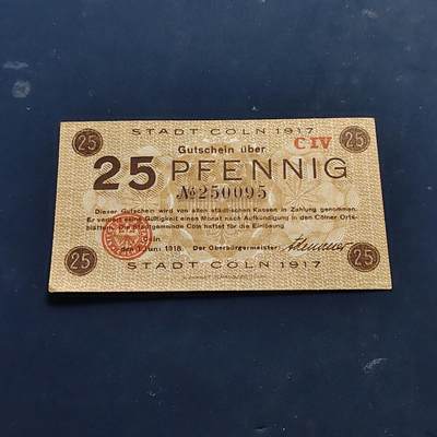 【全场包邮】纯粹捡漏拍514场 - 【纸钞】德国紧急状态莱茵省科隆市1917年25芬尼非全新纸钞