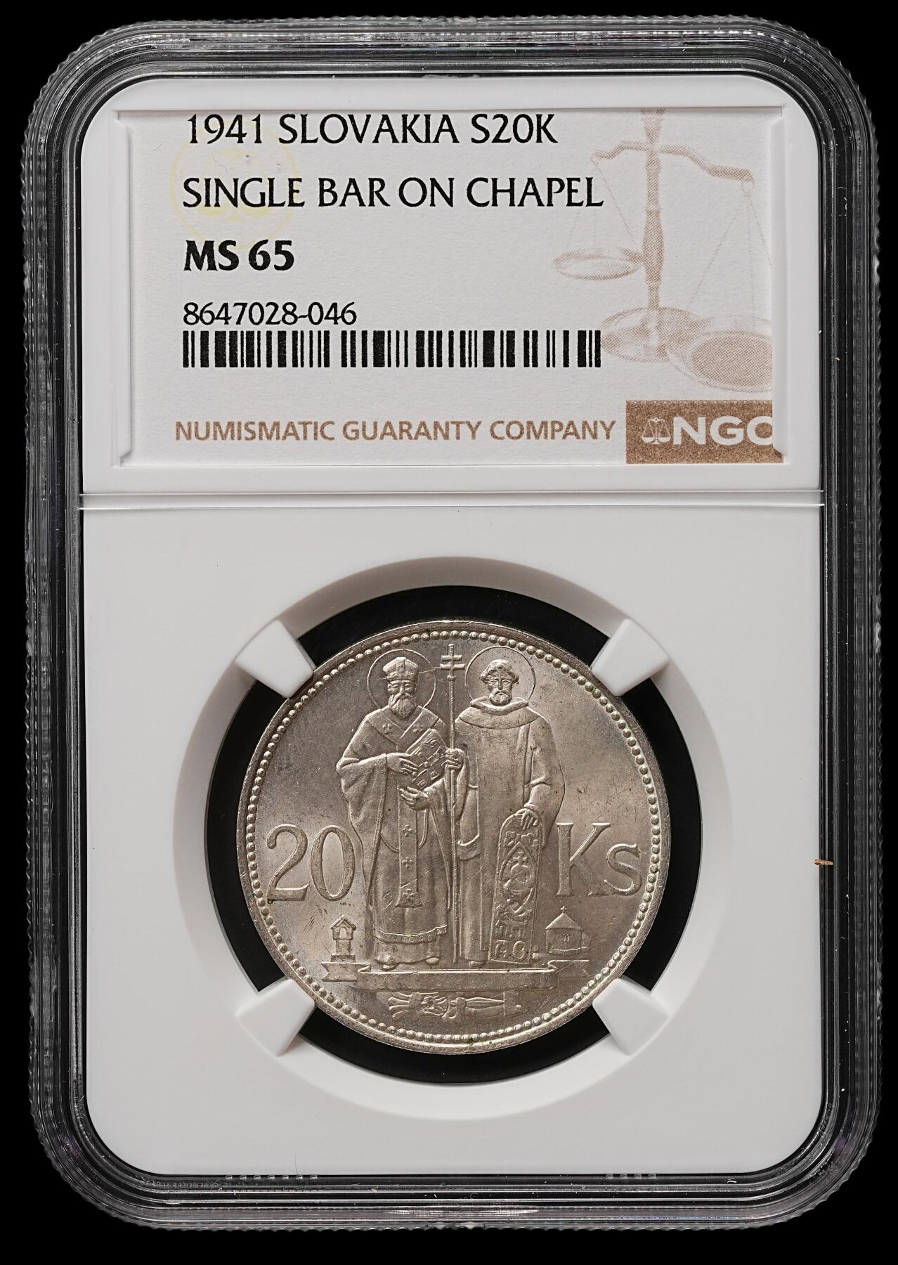 修遠堂世界钱币第109期 NGC MS65 1941年斯洛伐克-传教士圣西里尔与美多德20克朗纪念银币