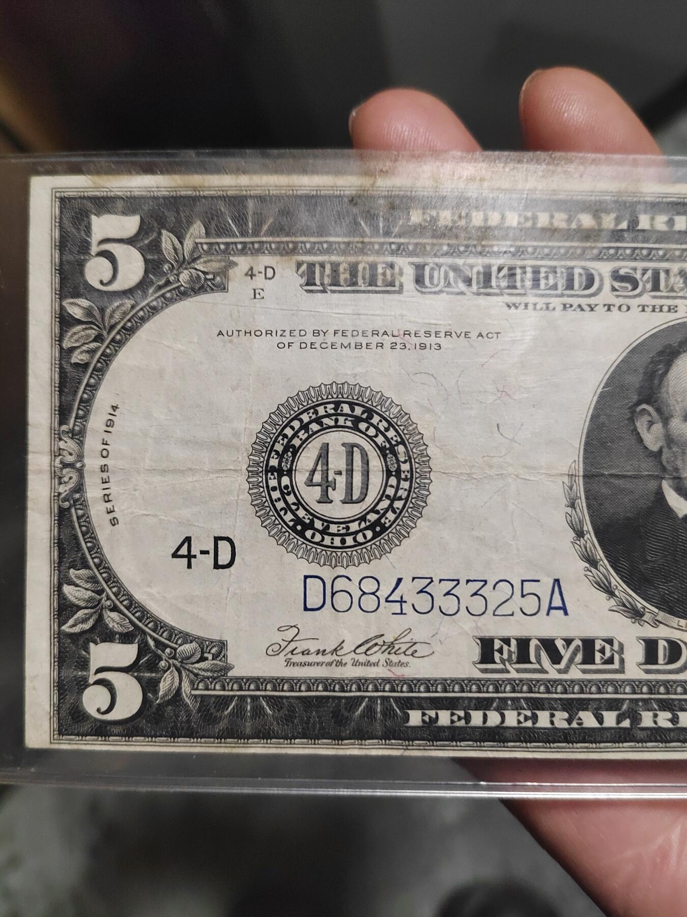 1914年5美元，早期美联储券，大尺寸版，品相如图