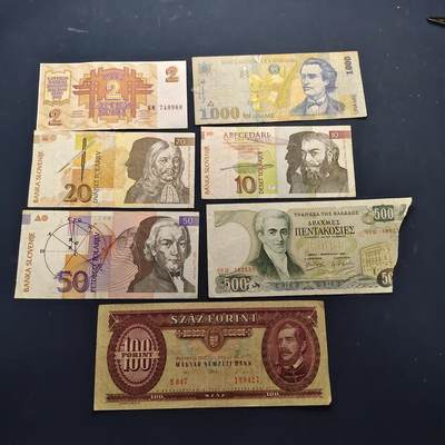 【全场包邮】纯粹捡漏拍514场 - 【纸钞】欧洲各国拉脱维亚+斯洛文尼亚+匈牙利等各年份各面值非全新纸钞7枚一组（有破损币）