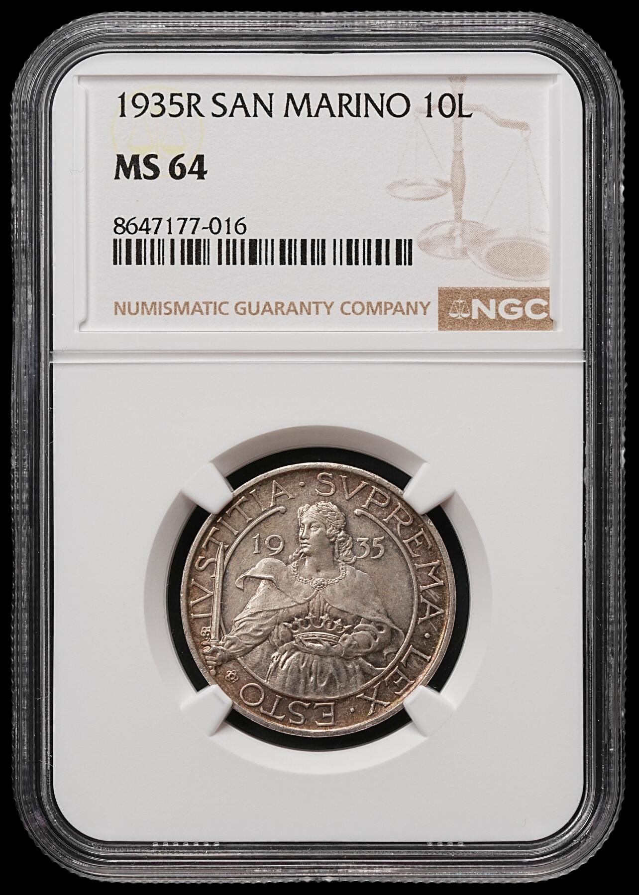 修遠堂世界钱币第109期 NGC MS64 1935年圣马力诺10里拉银币，纸袋包浆
