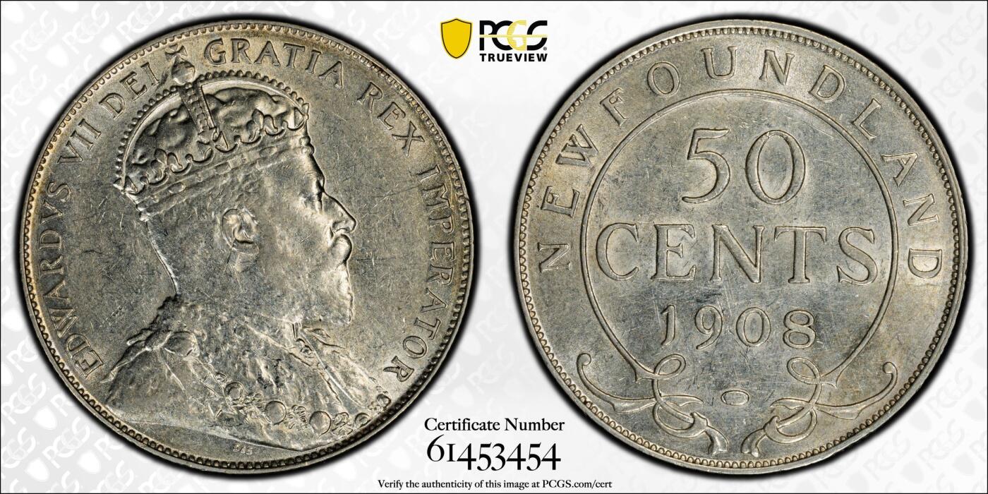 博洋堂“芳菲春韵”3月精品大拍专场暨第166期（全场包邮） PCGS AU53 英属纽芬兰1908年爱德华七世50分银币，好品难觅，原光低评了