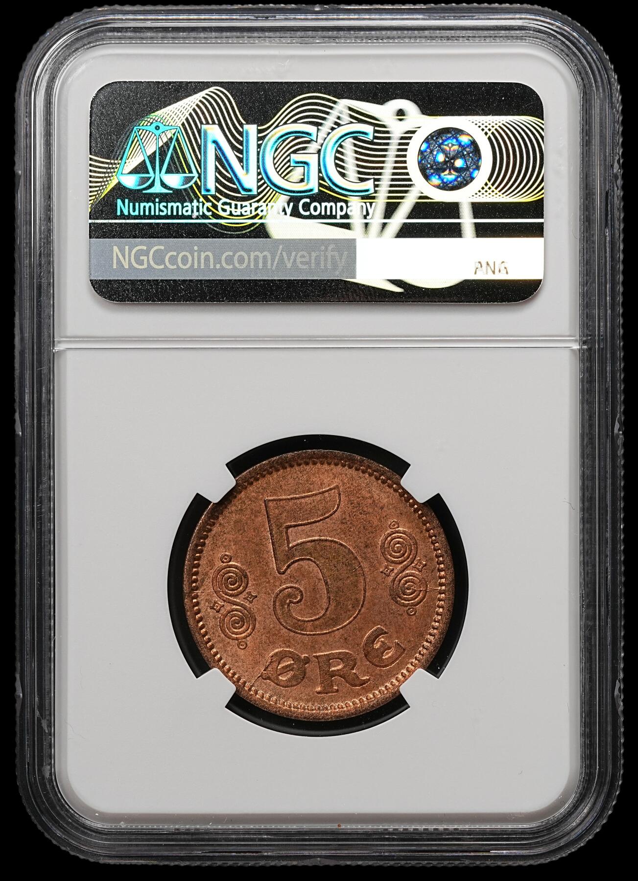 修遠堂世界钱币第109期 NGC MS64RB 1916年丹麦5欧尔铜币 较少见年份 铸造量只有80多万枚