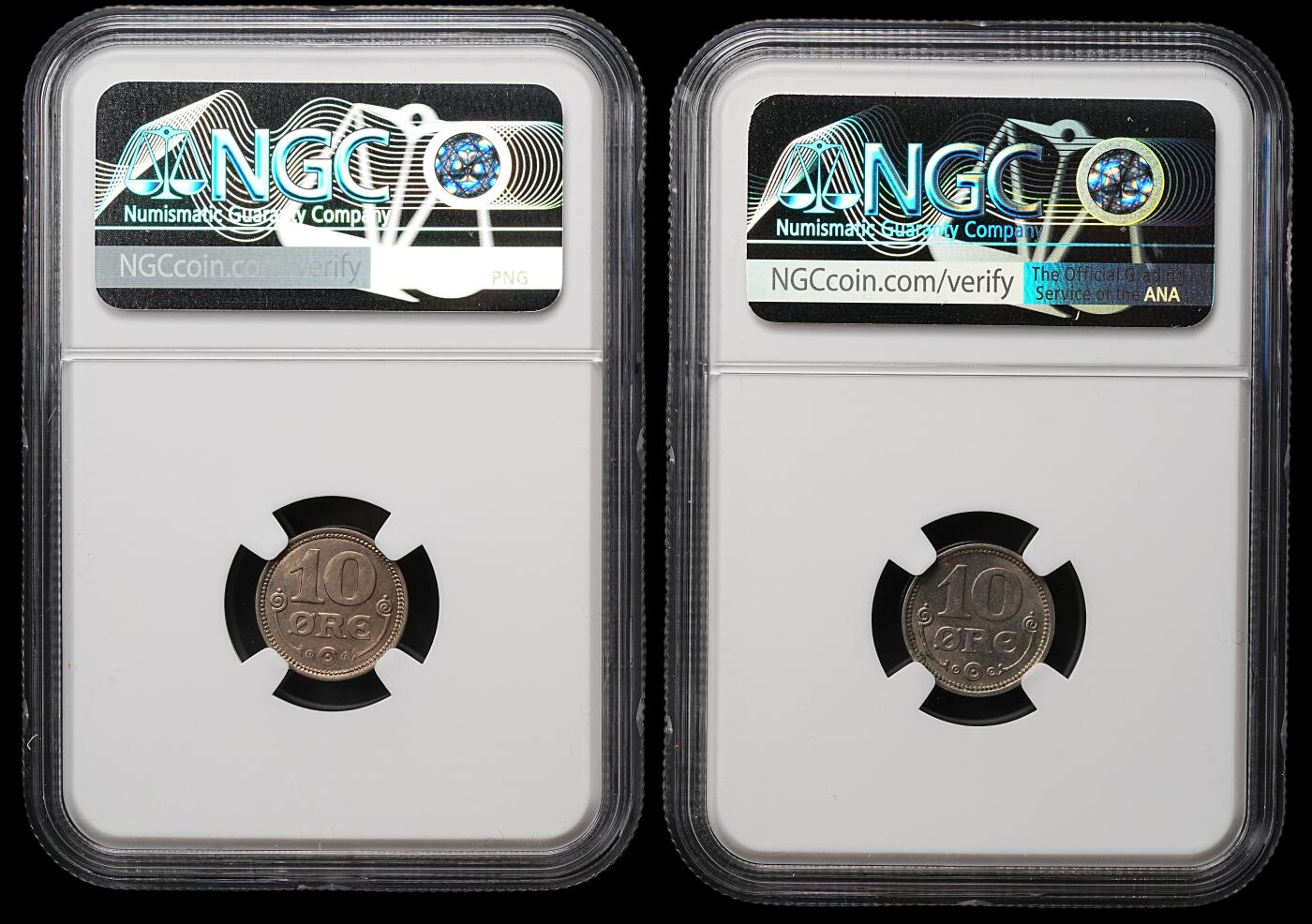 修遠堂世界钱币第109期 NGC评级，1921-1922年丹麦10欧尔镍币2枚