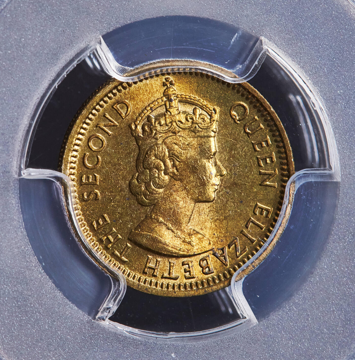 【俄甄集藏】2026年(050)04-01星期三 晚 19:30 全场包邮 英属香港1963年伊拉莎白二世高冠5仙铜币，PCGS MS66，转光品相