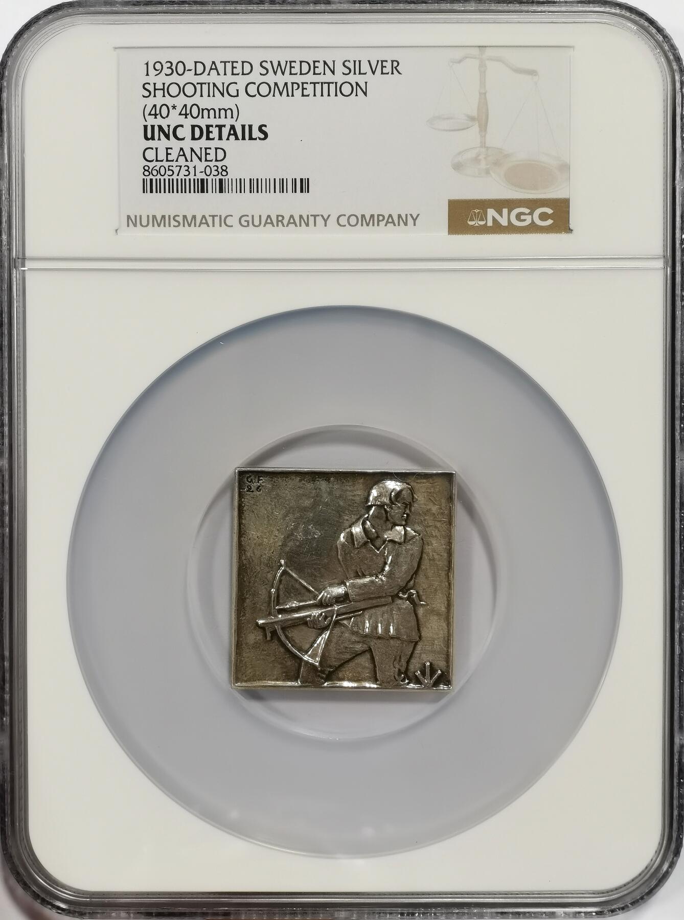 博洋堂“芳菲春韵”3月精品大拍专场暨第166期（全场包邮） NGC UNC 瑞典1930年射击比赛纪念银章，40*40mm，少见正方形银章