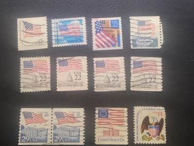 荟藏特别场次第十一期——“邮通万国花纸头”（价格低至0.1元） - 美国国旗普票信销12张 含一张双联