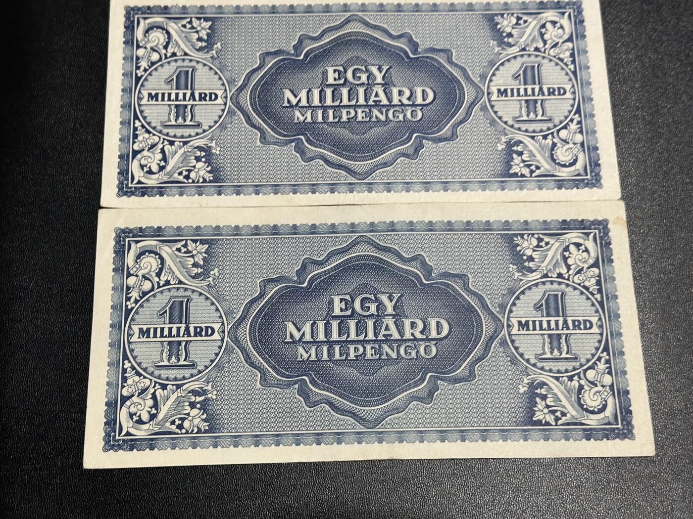 《外钞收藏家》第六百二十期（畅拍场）（长期征集拍品、欢迎藏友们联系合作） 1946年 匈牙利10亿潘戈 2张一起 非全新 品相如图