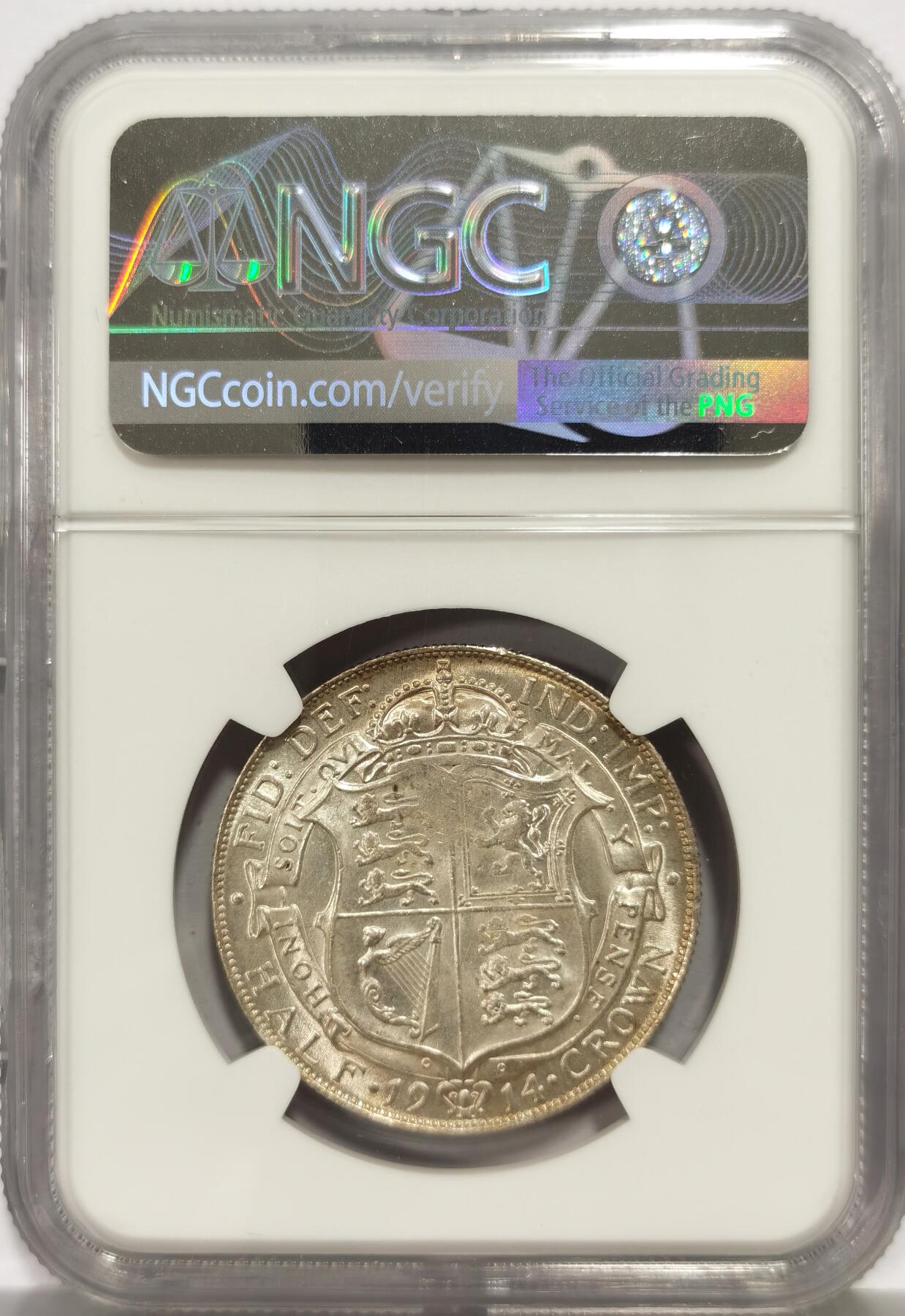 博洋堂“芳菲春韵”3月精品大拍专场暨第166期（全场包邮） NGC MS64 英国1914年乔治五世1/2克朗银币，乔五早期高银版，较1915、1918等常见年份更难得。