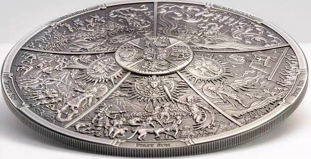 【币将精彩】世界钱币拍卖（2026-4-1） 帕劳2021年阿兹特克五个太阳仿古大银币，3盎司，发行333枚，带证书包装。