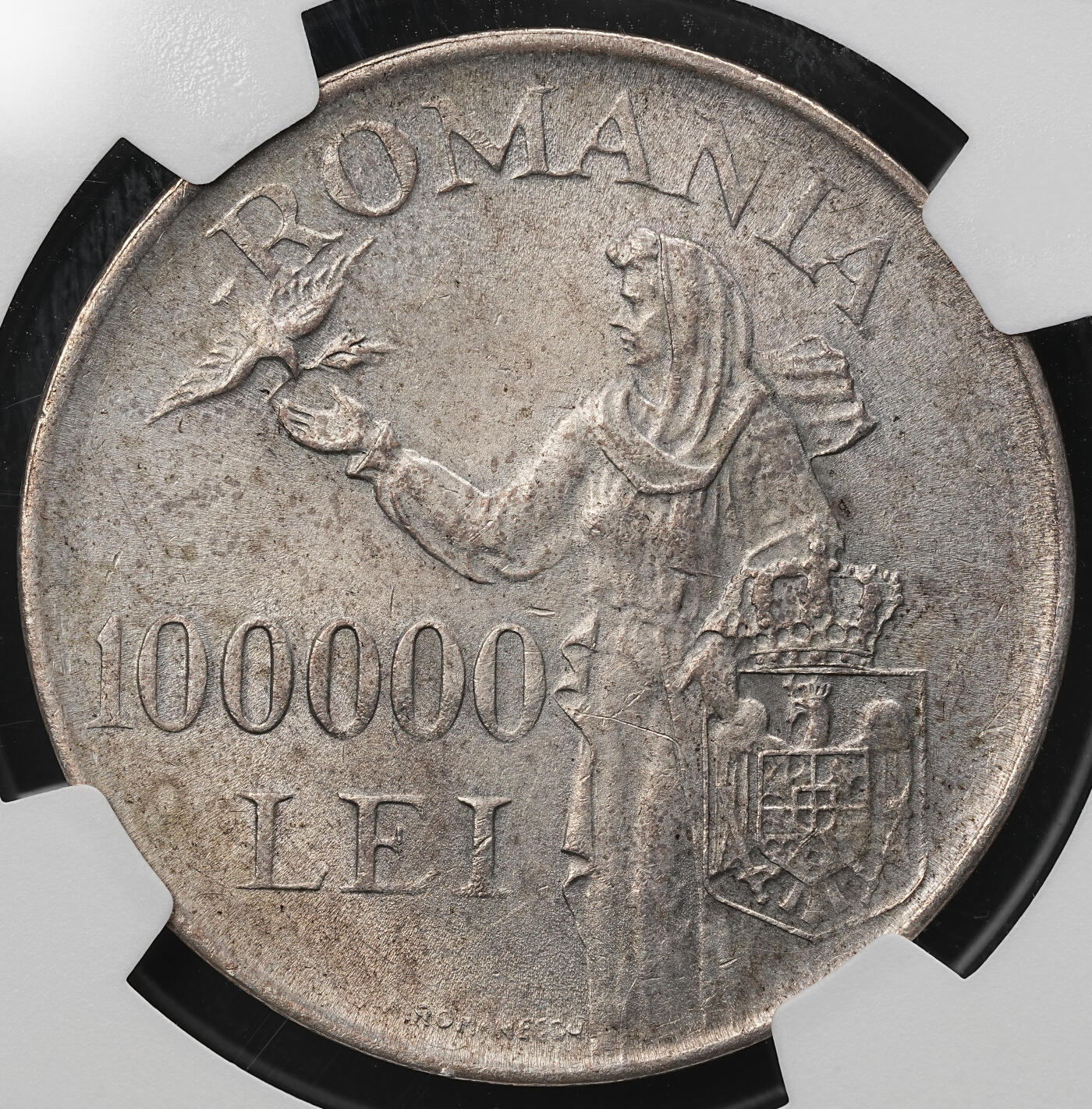 修遠堂世界钱币第109期 NGC AU58 1946年罗马尼亚米哈伊一世100000列伊银币