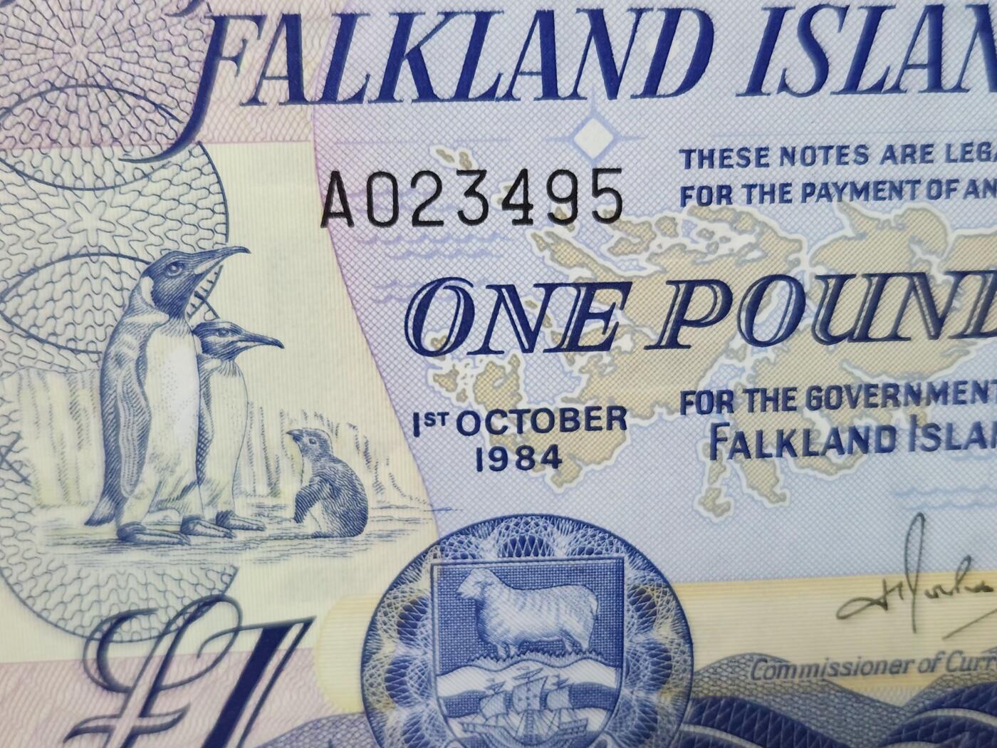 3月25号晚上8点 外国纸币自动截拍第45场 福克兰群岛1984年1镑 A冠字 全新UNC