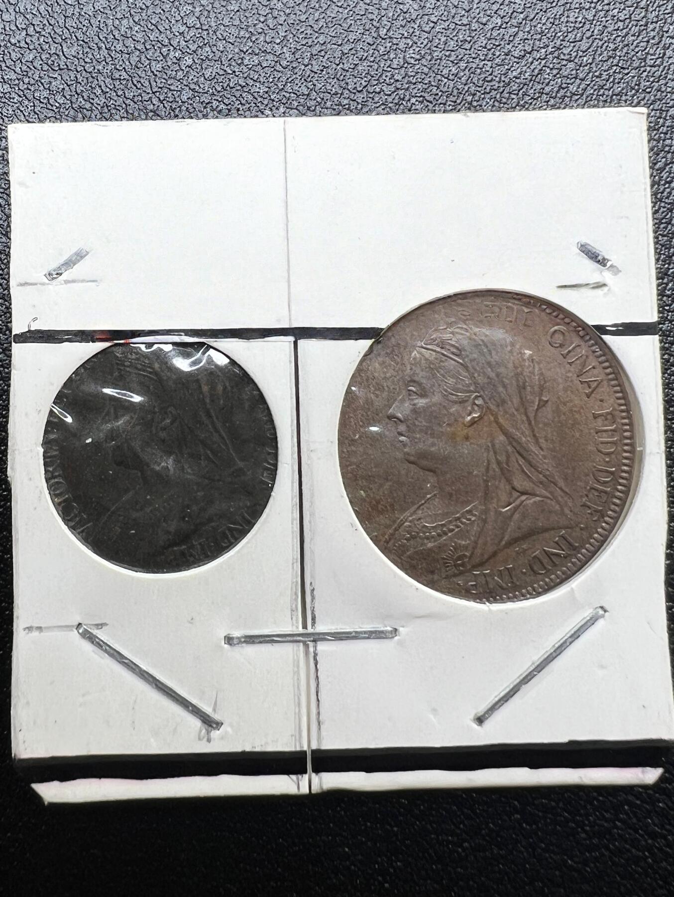 1899/1901 年英国维多利亚女王半便士 + 法新铜币套装 不列颠女神 西洋古币真品