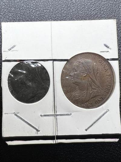 1899/1901 年英国维多利亚女王半便士 + 法新铜币套装 不列颠女神 西洋古币真品 - 1899/1901 年英国维多利亚女王半便士 + 法新铜币套装 不列颠女神 西洋古币真品