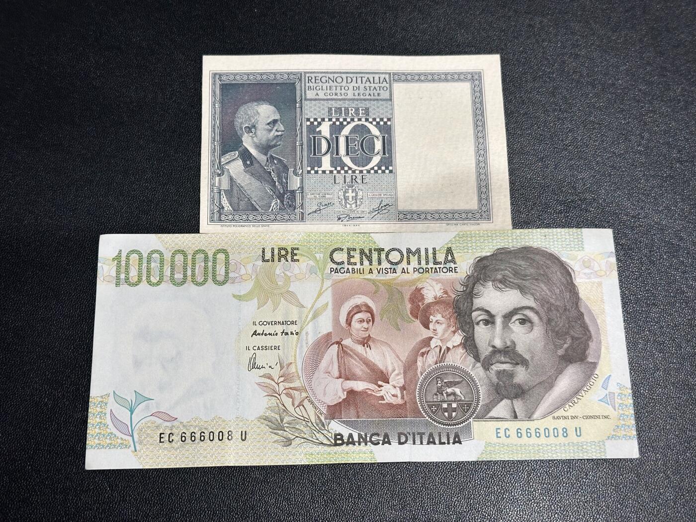 《外钞收藏家》第六百二十期（畅拍场）（长期征集拍品、欢迎藏友们联系合作） 意大利10和10万里拉 2张一起 AU品相