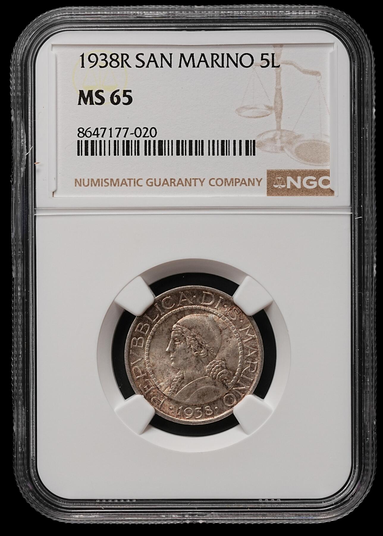 修遠堂世界钱币第109期 NGC MS65 1938年圣马力诺5里拉银币，幻彩