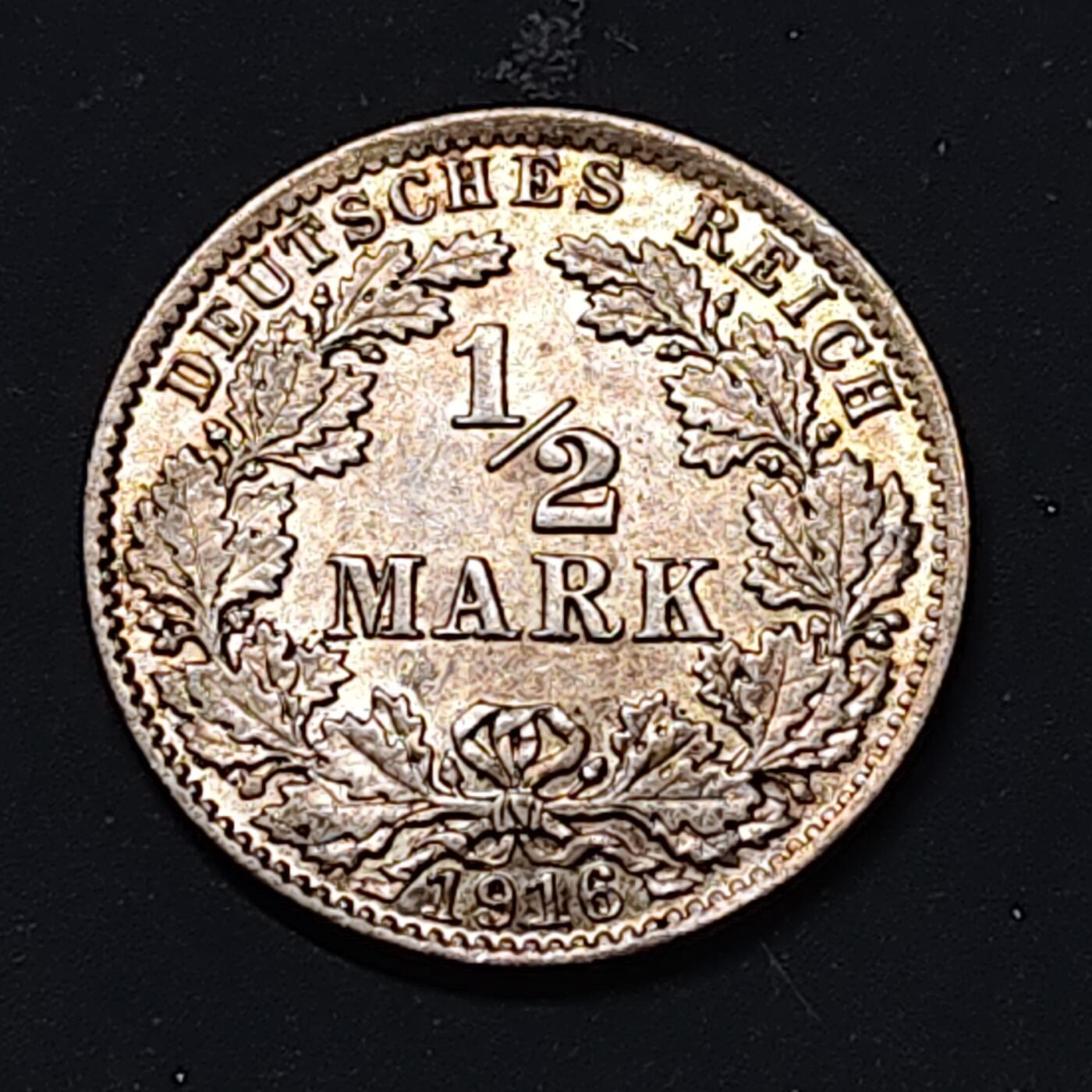 【全场包邮】纯粹捡漏拍514场 德国第二帝国1916年1/2马克银币【20毫米2.77克90%】