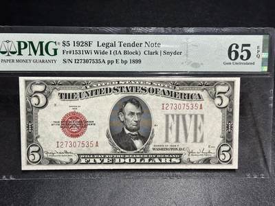 《外钞收藏家》第六百二十期（畅拍场）（长期征集拍品、欢迎藏友们联系合作） - 1928年美国红库印5元 PMG65 无4