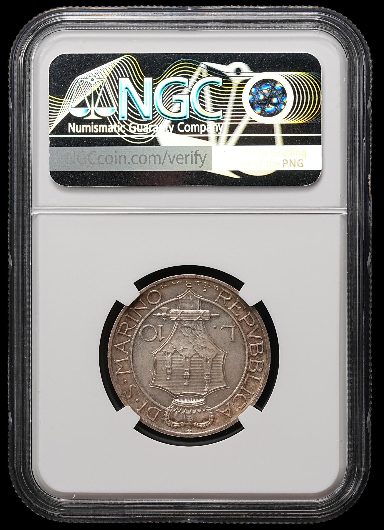 修遠堂世界钱币第109期 NGC MS64 1935年圣马力诺10里拉银币，纸袋包浆