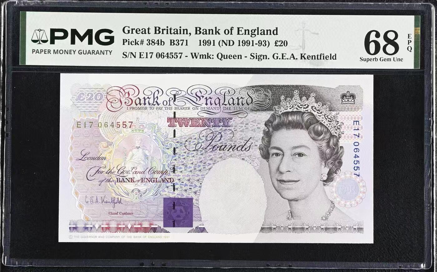 【礼羽收藏】🌏世界钱币拍卖第130期 1991年英国E序列初版20镑皇冠版，PMG68分冠军分，仅4张冠军分，b版评级量远少于a版