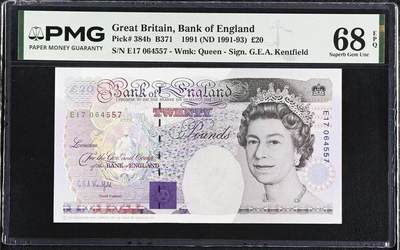 【礼羽收藏】🌏世界钱币拍卖第130期 - 1991年英国E序列初版20镑皇冠版，PMG68分冠军分，仅4张冠军分，b版评级量远少于a版
