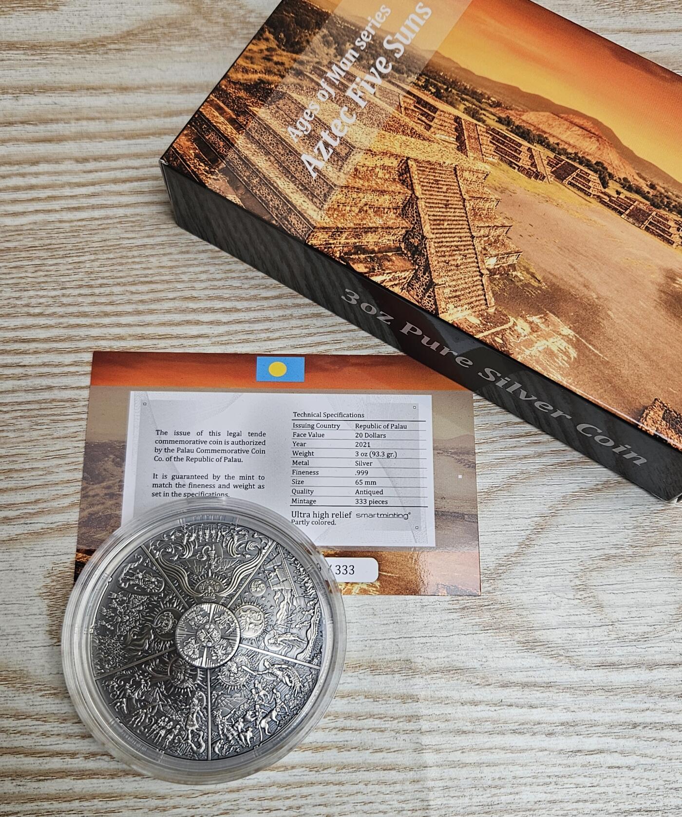 【币将精彩】世界钱币拍卖（2026-4-1） 帕劳2021年阿兹特克五个太阳仿古大银币，3盎司，发行333枚，带证书包装。